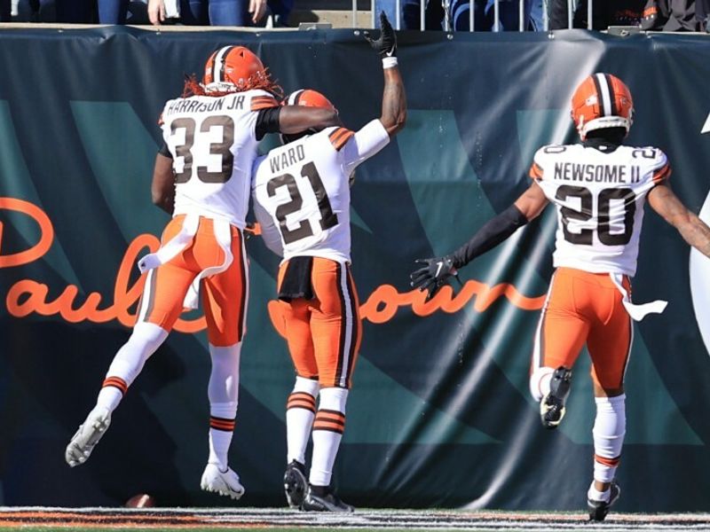 Cleveland Browns quarterback Baker Mayfield (6) and wide receiver Breshad  Perriman (19) celebrate in the first half of an NFL football game against  the Cincinnati Bengals, Sunday, Nov. 25, 2018, i …