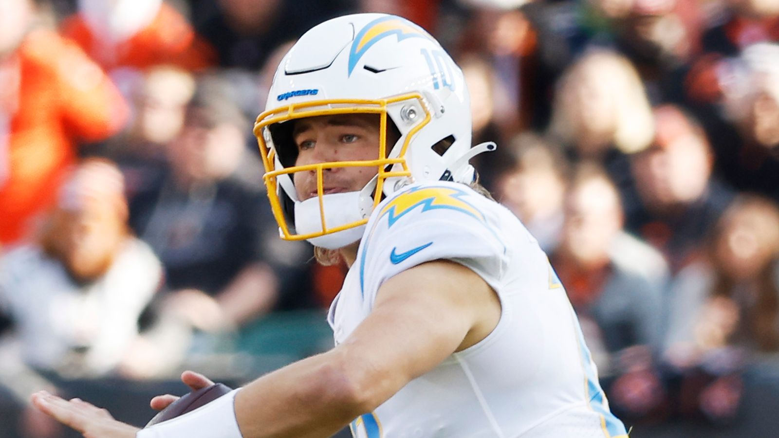 Jalen Guyton Los Angeles Chargers Game-Used #15 White Jersey vs. Cincinnati  Bengals on December 5 2021