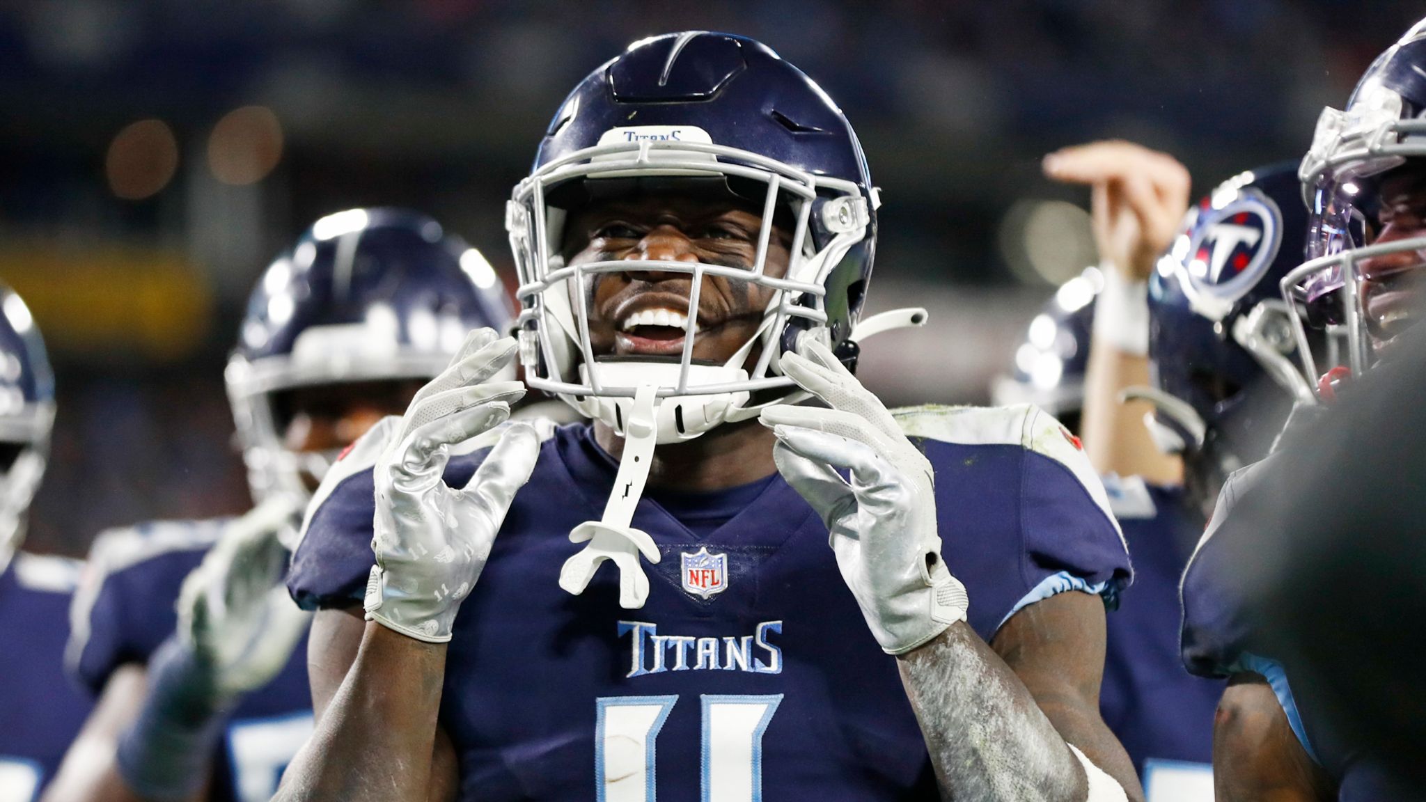 Tennessee Titans wide receiver A.J. Brown reacts to the Titans' 'Thursday  Night Football' win against the San Francisco 49ers