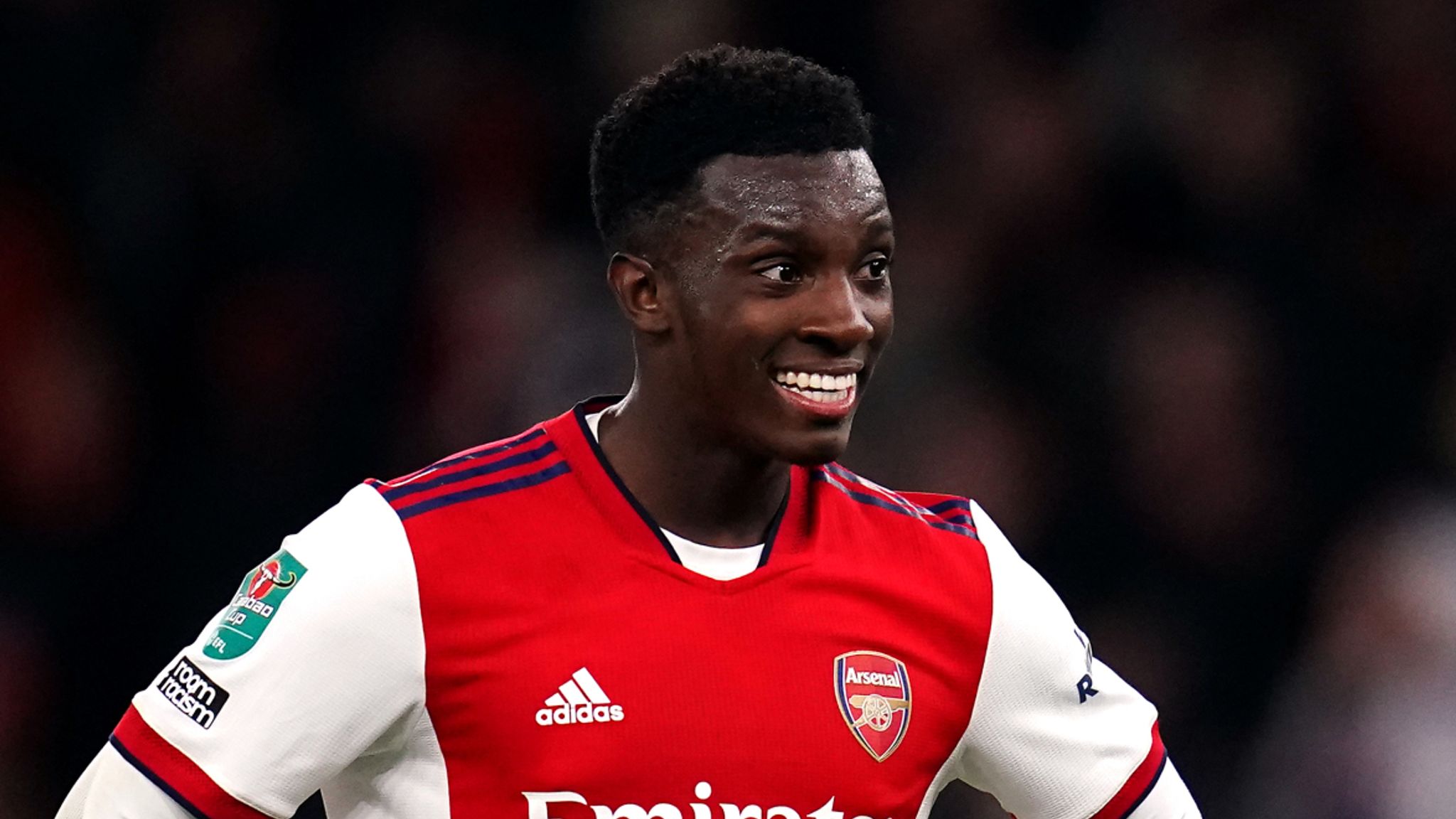  Eddie Nketiah of Arsenal celebrates scoring a goal during the Premier League match between Arsenal and Manchester United at the Emirates Stadium on January 22, 2023 in London, England.