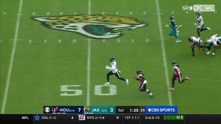 Tremon Smith kicks off 98 yards from home for the Houston Texans against the Jacksonville Jaguars. 