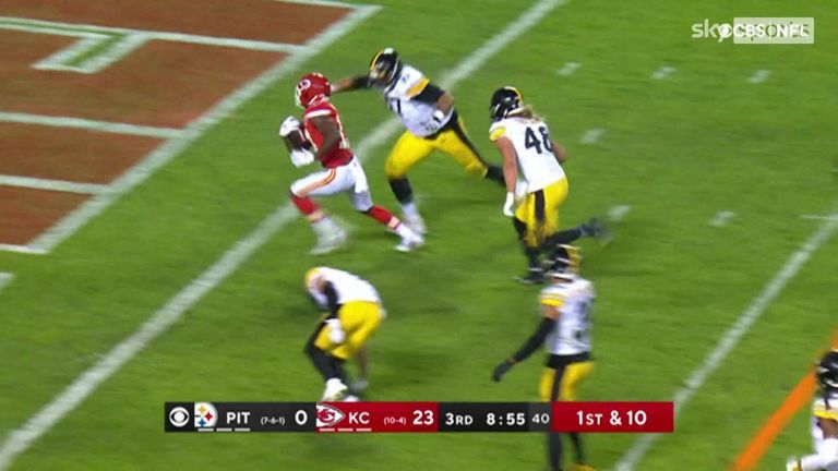 Byron Pringle twists and turns past the Pittsburgh Steelers defense to escape into the endzone for the Kansas City Chiefs. 