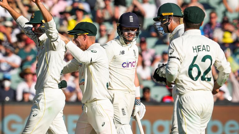 Ollie Pope trudges off after being dismissed for five by Nathan Lyon