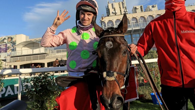 Patrick Mullins and Sharjah celebrate winning the Matheson Hurdle during day four of the Leopardstown Christmas Festival at Leopardstown Racecourse in Dublin, Ireland. Picture date: Wednesday December 29, 2021.