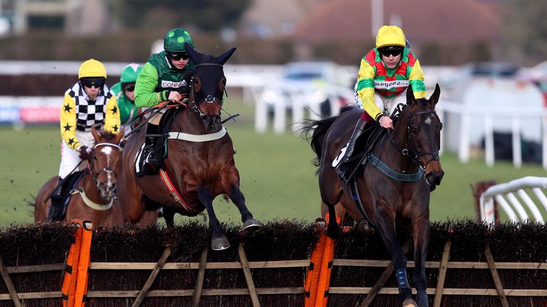 Acey Milan, ridden by jockey Aidan Coleman (right), on the way to winning at Plumpton 