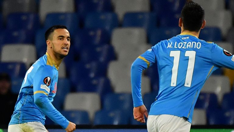 Napoli's Adam Ounas (left) celebrates scoring vs Leicester