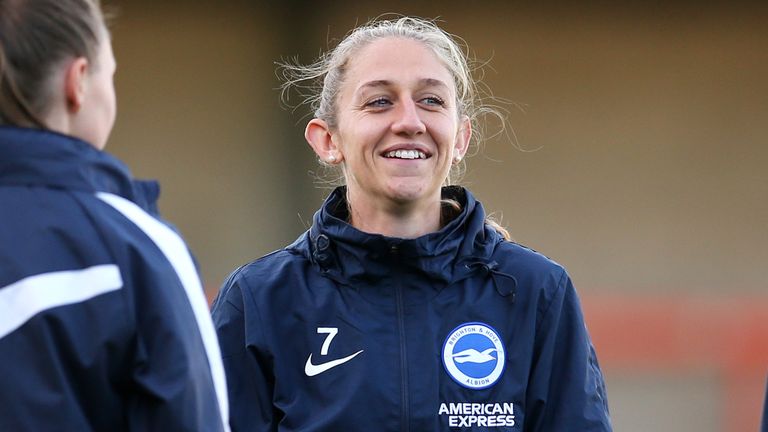 CRAWLEY, ENGLAND - SEPTEMBER 29: Brighton & Hove Albion's Aileen Whelan prior to the Vitality Women's FA Cup Quarter Final match between Brighton & Hove Albion and Charlton Athletic at The Peoples Pension Stadium on September 29, 2021 in Crawley, England. (Photo by Steve Bardens - The FA/The FA via Getty Images)