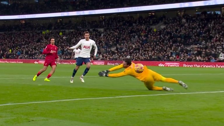 Dele Alli is denied by Alisson during Tottenham&#39;s Premier League clash with Liverpool.