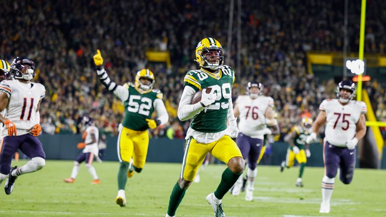 Rasul Douglas intercepted Chicago quarterback Justin Fields as he completed the 55-yard pick six to give Green Bay the lead in the second quarter.