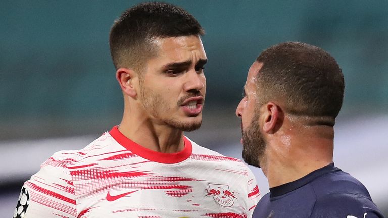 Andre Silva squares up to Kyle Walker after being fouled