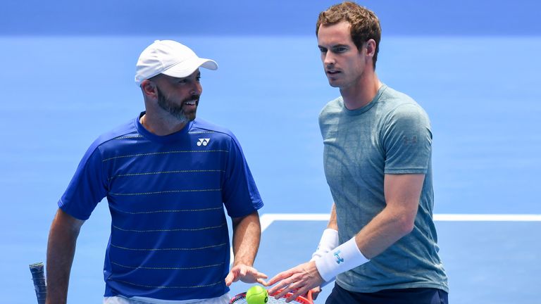 Andy Murray and his coach Jamie Delgado during a practice match against number one seed Novak Djokovic on Margaret Court Arena ahead of the 2019 Australian Open Grand Slam tennis tournament in Melbourne, Australia. Sydney Low/Cal Sport Media(Credit Image: © Sydney Low/CSM via ZUMA Wire) (Cal Sport Media via AP Images)