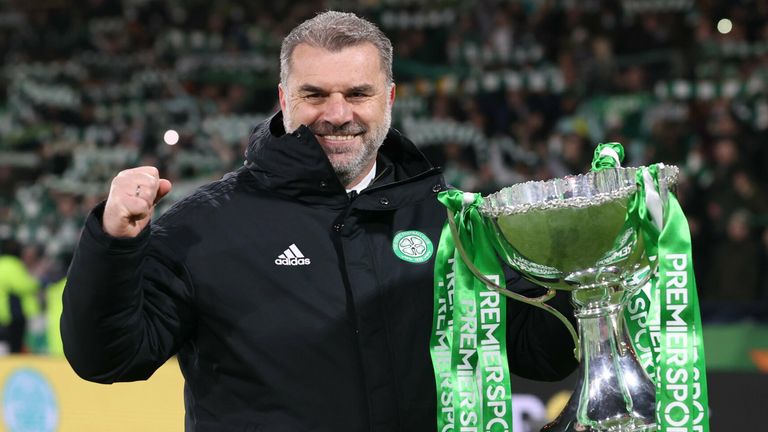 Ange Postecoglou celebrates winning the Scottish League Cup, his first trophy as Celtic manager