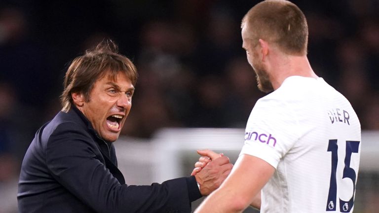 Tottenham Hotspur manager Antonio Conte (left) celebrates with Eric Dier at the end of the Premier League match at the Tottenham Hotspur Stadium, London. Picture date: Sunday November 21, 2021.