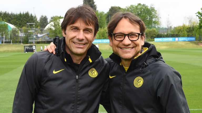 Antonio Conte pose with his brother Gianluca during the first FC Internazionale training after winning the Serie A title at Appiano Gentile on May 05, 2021