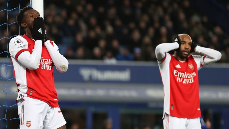 Eddie Nketiah reacts after missing a golden opportunity for Arsenal against Everton