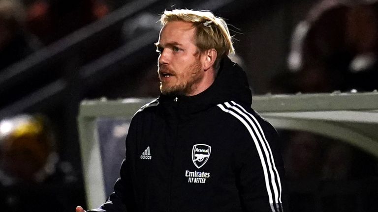Arsenal Women head coach Jonas Eidevall gestures on the touchline during his side&#39;s Champions League group C match against Hoffenheim                                                                                                                                             