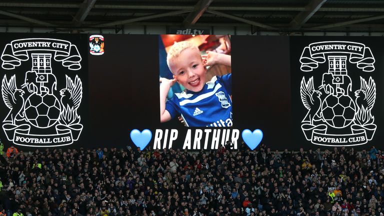 TV screen shows young Birmingham fan Arthur Labinjo-Hughes before the Sky Bet Championship match at the Coventry Building Society Arena, Coventry. Picture date: Saturday December 4, 2021.
