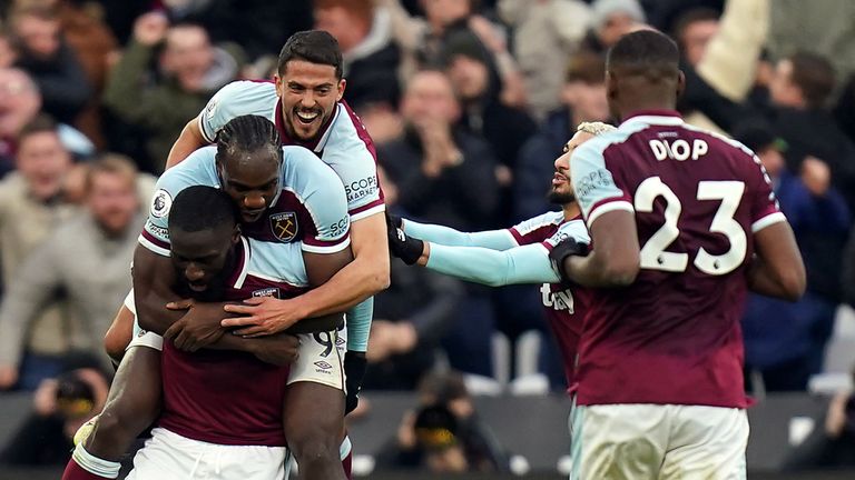 West Ham United's Arthur Masuaku celebrates scoring their side's third goal of the game