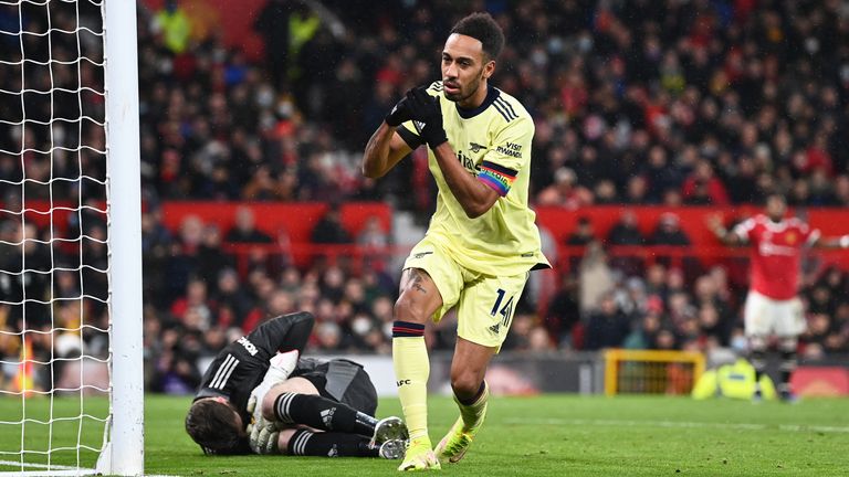 Aubameyang shows his frustration after a chance goes begging against Man Utd