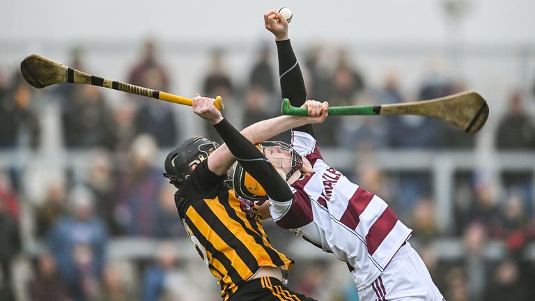 19 December 2021; Shea Cassidy of Slaughtneil and Sean Ennis of Ballycran during the AIB Ulster GAA Hurling Senior Club Championship Final match between Ballycran and Slaughtneil at Corrigan Park in Belfast. Photo by Ramsey Cardy/Sportsfile