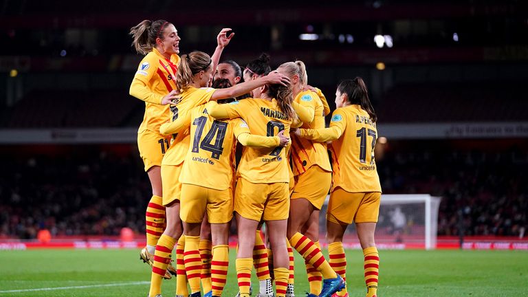 Barcelona&#39;s Jenifer Hermoso celebrates scoring their side&#39;s fourth goal of the game during the UEFA Women&#39;s Champions League, Group C match at Emirates Stadium
