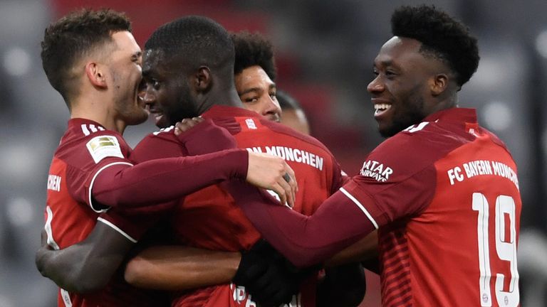 Bayern Munich celebrate after Dayot Upamecano's goal