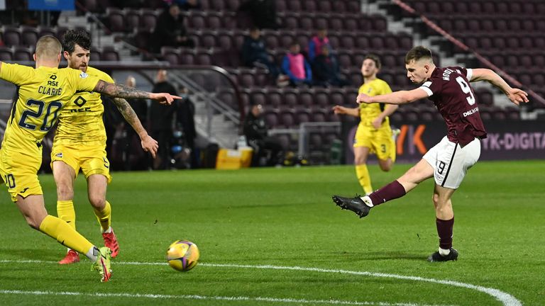 EDINBURGH, SCOTLAND - DECEMBER 26: Hearts Ben Woodburn sees his strike deflect in during a Cinch Premiership match between Hearts and Ross County at Tynecastle Stadium, on December 26, 2021, in Edinburgh, Scotland.  (Photo by Paul Devlin / SNS Group)