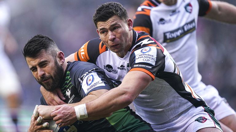 Leicester's Ben Youngs tackles Connacht full-back Tiernan O'Halloran