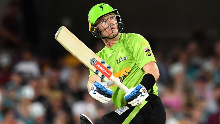 BRISBANE, AUSTRALIA - DECEMBER 19: Sam Billings of the Thunder bats during the Men's Big Bash League match between the Brisbane Heat and the Sydney Thunder at The Gabba, on December 19, 2021, in Brisbane, Australia. (Photo by Albert Perez - CA/Cricket Australia via Getty Images)