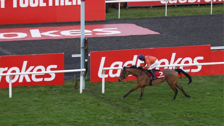 Bravemansgame wins the Kauto Star Novices' Chase at Kempton for Harry Cobden and Paul Nicholls