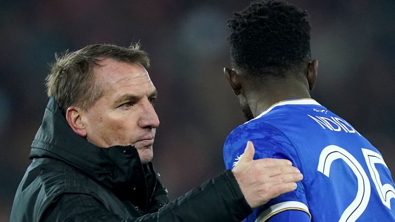 Leicester City manager Brendan Rodgers and Wilfred Ndidi at full time after the Carabao Cup quarter final match at Anfield, Liverpool. Picture date: Wednesday December 22, 2021.
