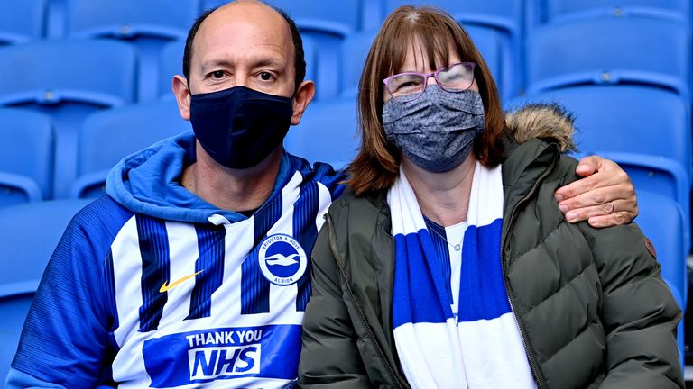 Brighton and Hove Albion fans in the stands ahead of the Premier League match at the AMEX Stadium, Brighton. Picture date: Tuesday May 18, 2021.