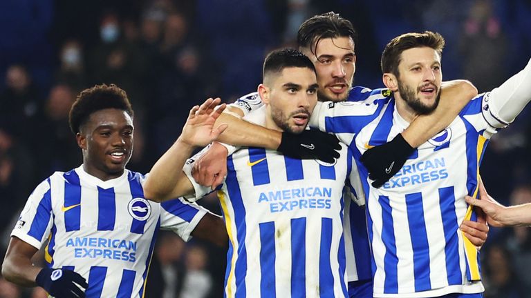 Neal Maupay and Brighton celebrate after his second goal