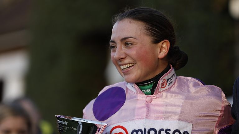 Bryony Frost smiles after victory on Greaneteen in the Tingle Creek