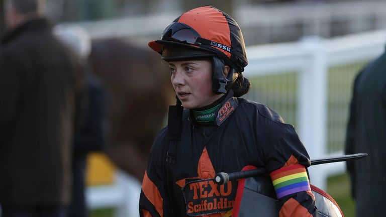 Multiple Grade One-winning rider Bryony Frost wears a rainbow armband at Sandown
