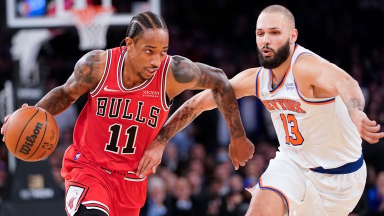Chicago Bulls forward DeMar DeRozan drives against New York Knicks guard Evan Fournier