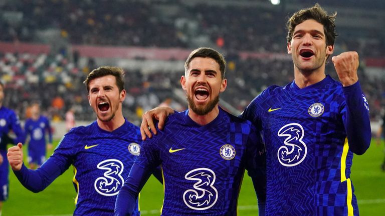 Chelsea's Jorginho (centre) celebrates with team-mates Marcos Alonso (right) and Mason Mount after scoring against Brentford