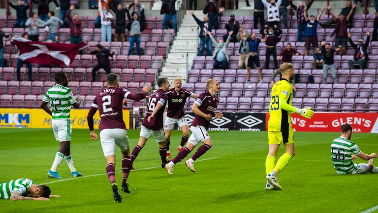 EDINBURGH, SCOTLAND - JULY 31: Hearts&#39; Gary Mackay-Steven makes it 1-0 during a cinch Premiership match between Hearts and Celtic at Tynecastle Park , on July 31, 2021, in Edinburgh, Scotland. (Photo by Ross Parker / SNS Group)