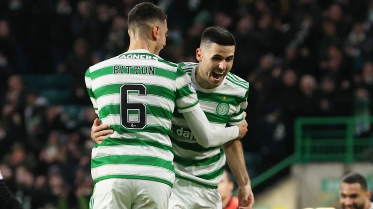 Celtic&#39;s Tom Rogic celebrates with Nir Bitton after he slots home to make it 1-0 against Motherwell.