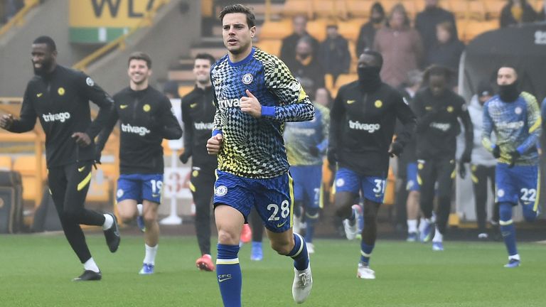 Chelsea's Cesar Azpilicueta warms up before the match at Wolves