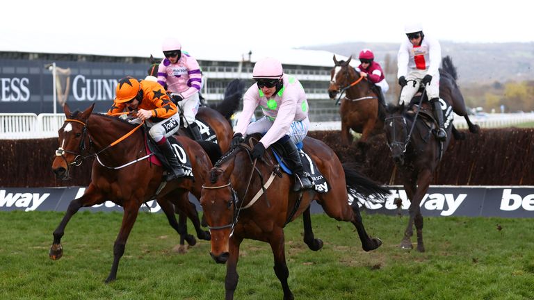 Chacun Pour Soi (pink and green) leads the Champion Chase at Cheltenham, with Greaneteen (pink and blue) and Nube Negra (white and red) giving chase