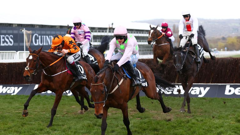 Chacun Pour Soi (rosa y verde) lidera la Champion Chase en Cheltenham, con Greaneteen (rosa y azul) y Nube Negra (blanca y roja) persiguiéndolos.