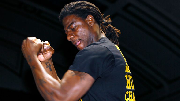 US boxer Charles Martin during public training in London on Monday 4 April 2016. There will be an IBF world heavyweight title fight between US champion Charles Martin and undefeated British Olympic star Anthony Joshua in London Saturday 9 April.  (AP Photo / Kirsty Wigglesworth)