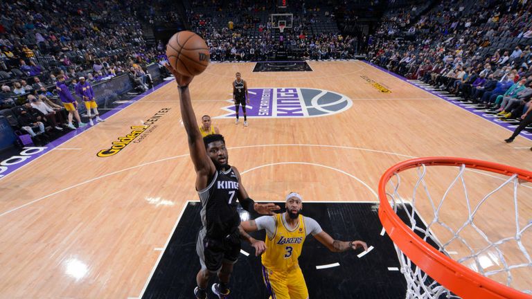  Chimezie Metu #7 of the Sacramento Kings shoots the ball during the game against the Los Angeles Lakers on November 30, 2021 at Golden 1 Center in Sacramento, California. 