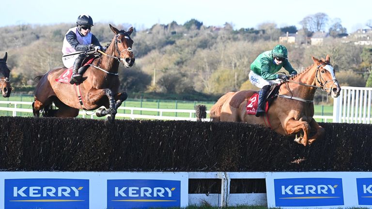 Concertista and Sean O'Keeffe (right) win the O'Flynn Group Irish EBF Mares Novice Steeplechase (Grade 2) from Magic Daze 
