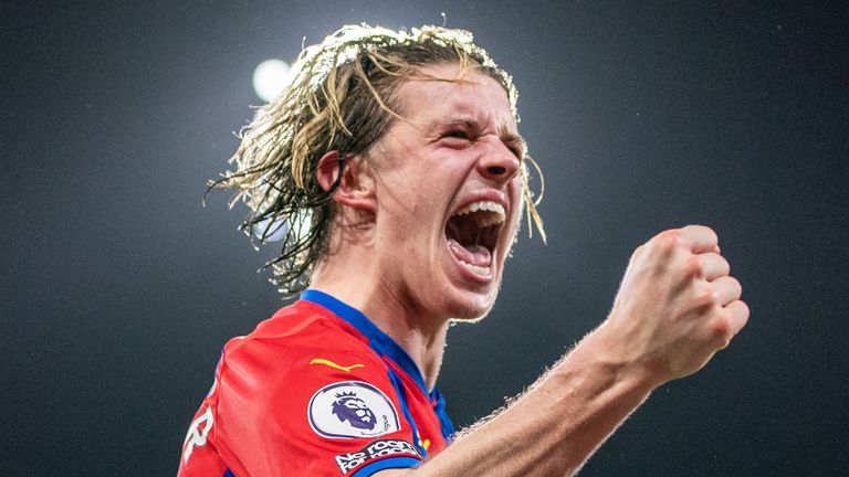 Conor Gallagher celebrates after scoring for Crystal Palace