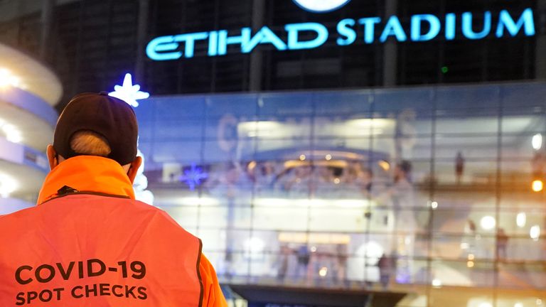 Covid-19 spot checks take place outside the Etihad Stadium prior to Man City&#39;s match against Leeds United