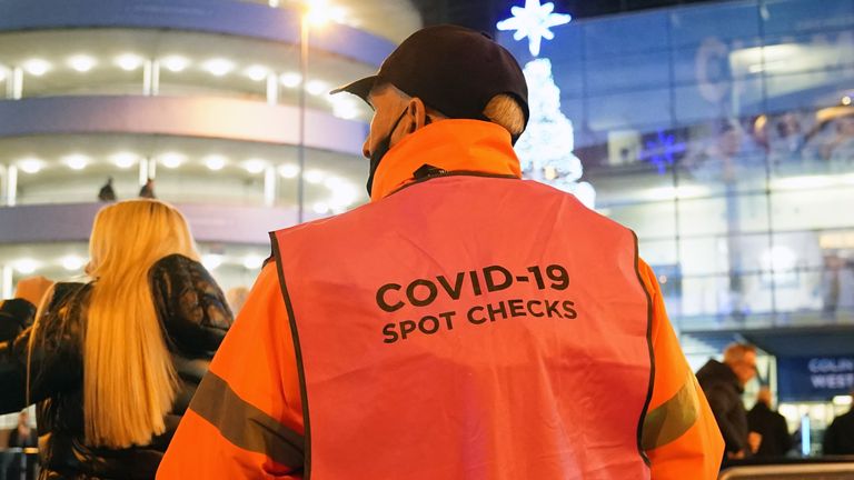 Covid-19 spot checks take place outside the Etihad Stadium prior to Man City's match against Leeds United