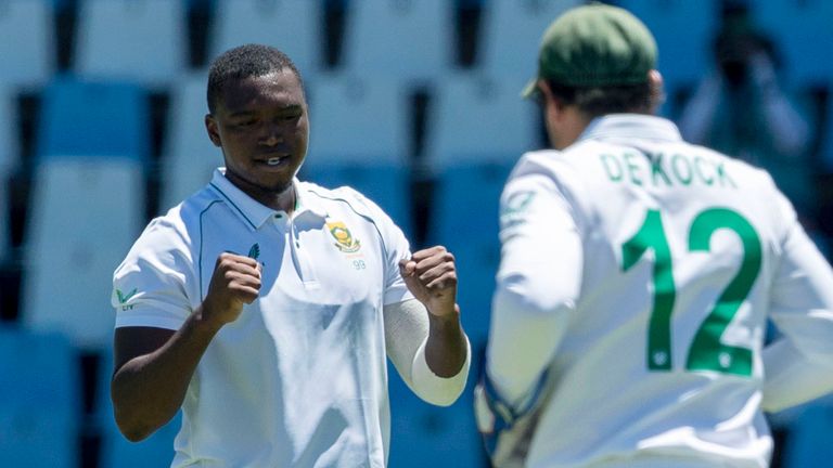 South Africa's Lungi Ngidi celebrates after dismissing Rishabh Pant during the first Test against India (Associated Press)