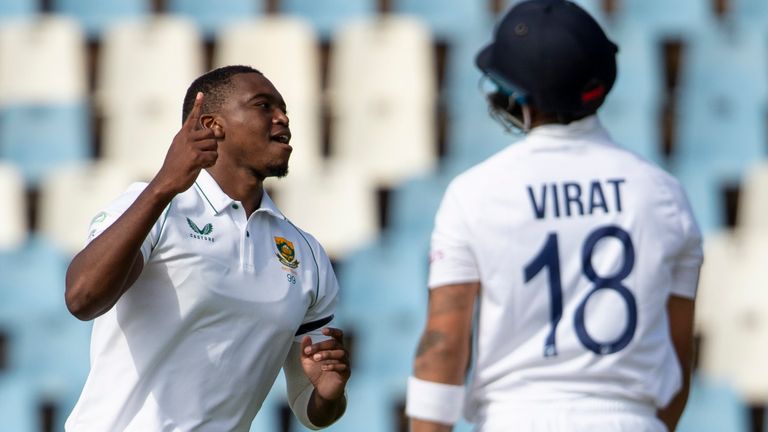 South Africa's Lungi Ngidi celebrates after dismissing India captain Virat Kohli in the first Test at Centurion (Associated Press)